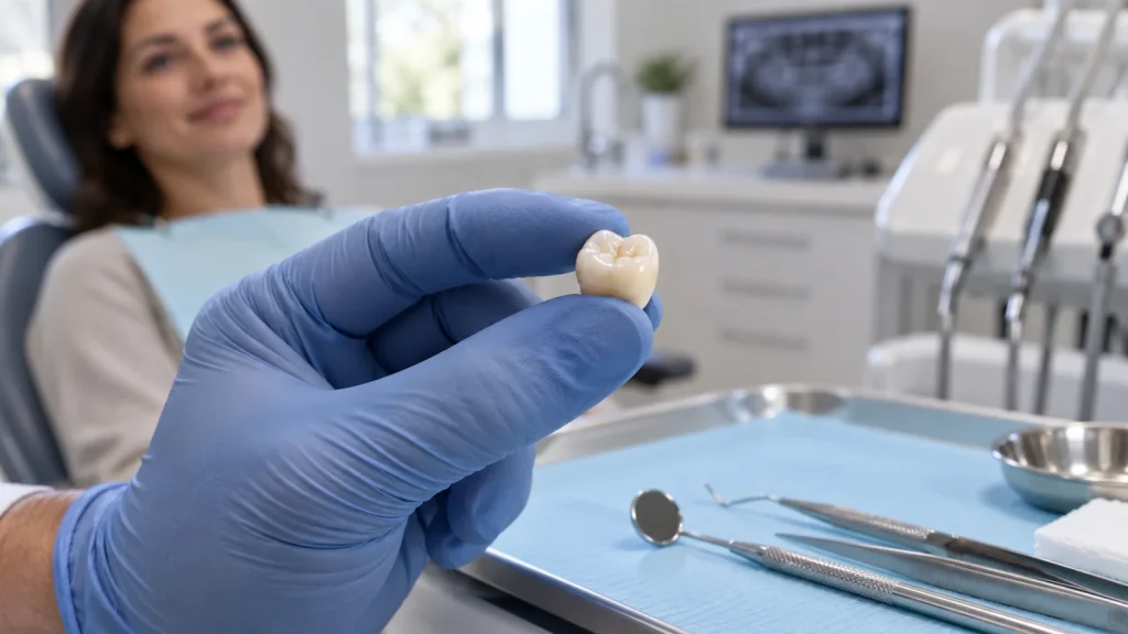 Gloved hand holds a ceramic molar crown above a dental tray, with a patient blurred in the background.